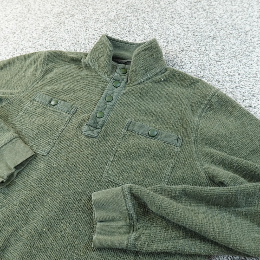 LL Bean Sweater Mens M Green Waffle Knit Snap Henley Mock‎ Neck Thermal Pullover